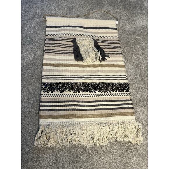Handwoven Tapestry w/ Fringe Home Decor Boho Farmhouse Morracan Cream Black - Picture 8 of 9
